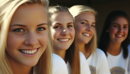 Obraz premium Group of Diverse and Empowered Caucasian White Youth Female High School Students Working Together in Community Service Club : Power of Collaboration in Clubs, Sports Teams (generative AI)