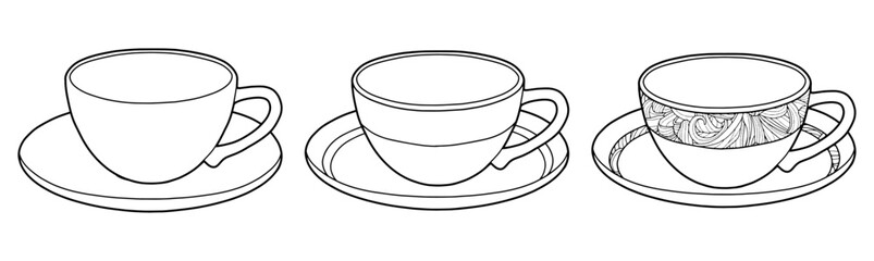 Coloring page. Tea couple. Cup and saucer. Black line. Hand drawing picture. - obrazy, fototapety, plakaty