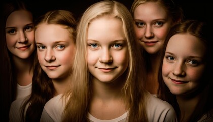 Fototapeta premium Group of Diverse and Empowered Caucasian White Youth Female High School Students Working Together in Theater : Power of Collaboration in Clubs, Sports Teams (generative AI)