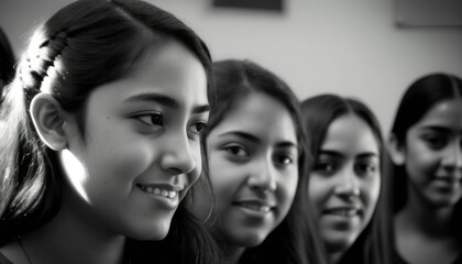 Obraz premium Group of Diverse and Empowered Hispanic Youth Female High School Students Working Together in Debate Club : Power of Collaboration in Clubs, Sports Teams (generative AI)