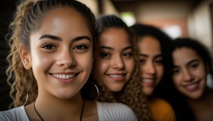 Group of Diverse and Empowered Hispanic Youth Female High School Students Working Together in Diversity and Inclusion Club : Power of Collaboration in Clubs, Sports Teams (generative AI)