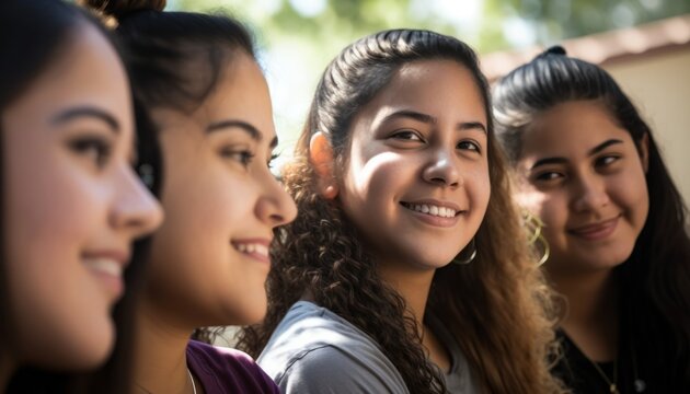 Group of Diverse and Empowered Hispanic Youth Female High School Students Working Together in Debate Club : Power of Collaboration in Clubs, Sports Teams (generative AI)