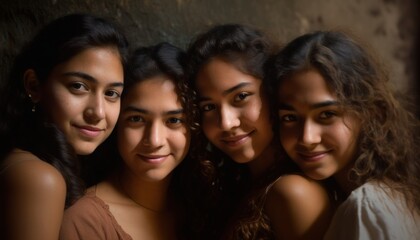 Obraz premium Group of Diverse and Empowered Hispanic Youth Female High School Students Working Together in Visual Arts : Power of Collaboration in Clubs, Sports Teams (generative AI)