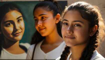 Fototapeta premium Group of Diverse and Empowered Hispanic Youth Female High School Students Working Together in Visual Arts : Power of Collaboration in Clubs, Sports Teams (generative AI)