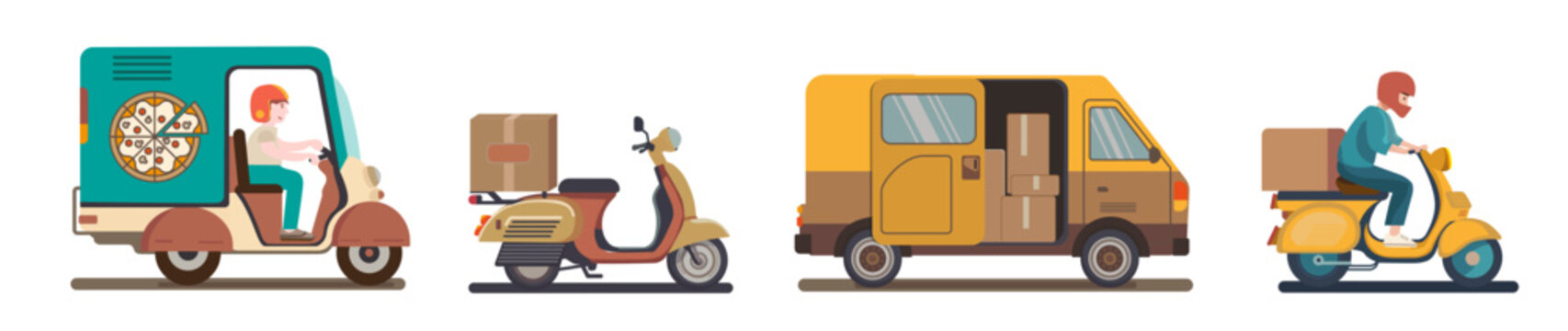 Set Iconos de transporte, ilustración vectorial de moto y camioneta para entregas a domicilio de paquetes, dibujo animado. 