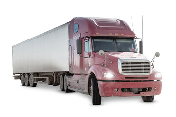 Red long-distance bonnet truck with a semitrailer isolated on transparent background