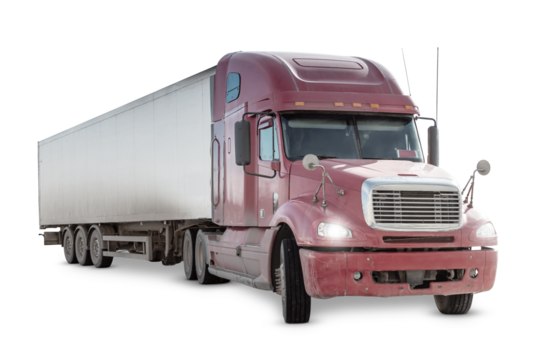 Red long-distance bonnet truck with a semitrailer isolated on transparent background