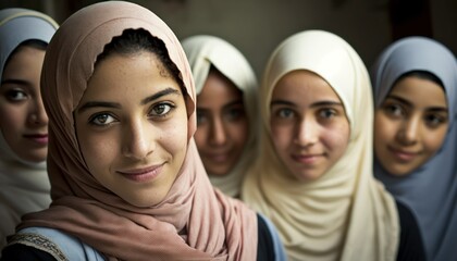 Group of Diverse and Empowered Middle Eastern Youth Female High School Students Working Together in Student Government : Power of Collaboration in Clubs, Sports Teams (generative AI)