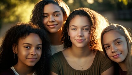 Obraz premium Group of Diverse and Empowered Multiracial Youth Female High School Students Working Together in Book Club : Power of Collaboration in Clubs, Sports Teams (generative AI)