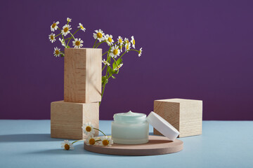 Mockup scene with empty label jar to show cosmetic product extracted from Feverfew flowers...