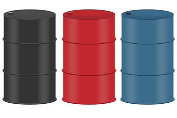 set of oil barrels (Black, Red, Blue) on white png transparent background