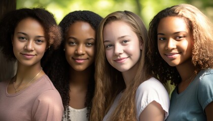 Group of Diverse and Empowered Multiracial Youth Female High School Students Working Together in Key Club : Power of Collaboration in Clubs, Sports Teams (generative AI)