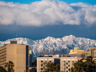 Snowcapped San Gabriel Mountains from MacArthur Park, Los Angeles after Historic Snow Storm of February 2023