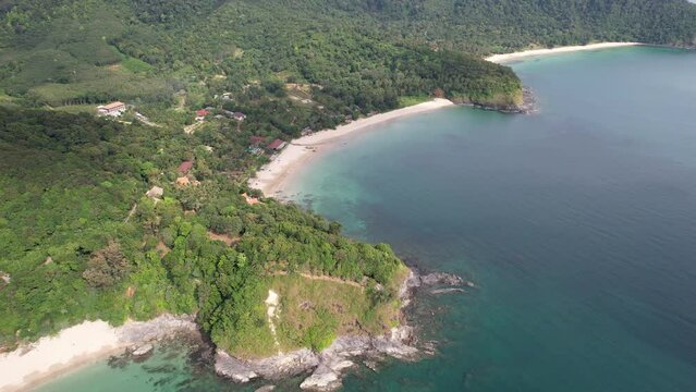 Tilt down aerial footage of Khlong Chak and Bamboo beaches on sunny day. Ko Lanta, Krabi Province, Thailand.