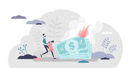 Burning money illustration, transparent background. Financial trouble symbolized with fire and businessman extinguishes flames flat tiny persons concept.
