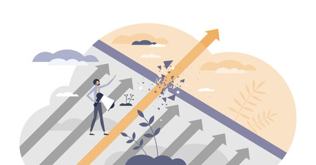 Breakthrough moment with powerful obstacle smashing scene tiny person concept, transparent background.Business innovation or invention as startup idea discovery illustration.