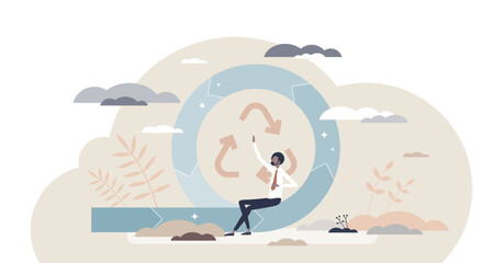 Circular economy company type with recycling strategy tiny person concept, transparent background. Environmental friendly and responsible model.