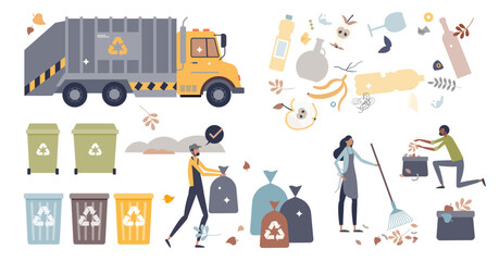 Garbage set and waste recycling for landfill tiny person collection set, transparent background. Elements for rubbish management and plastic, paper or glass separation illustration.
