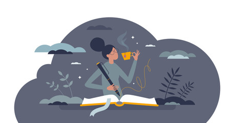 Literature author occupation with creative writer skills tiny person concept, transparent background. New story character or poetry typing from imagination and inspiration illustration.