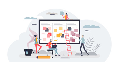 Retrospective look back to reflect on past week plan tiny person concept, transparent background. Sticky notes on calendar with reminders as effective strategy for business daily tasks illustration. © VectorMine