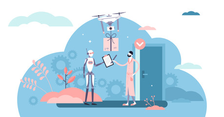 Fototapeta na wymiar Robotized delivery service tiny person illustration concept, transparent background. Automated e-commerce business logistics and transportation future tech.