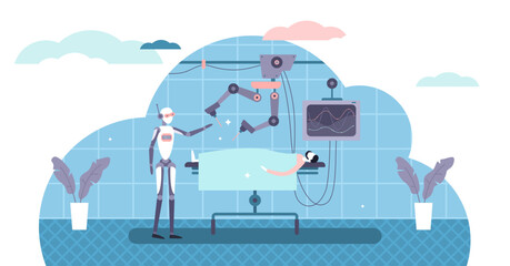 Fototapeta na wymiar Robot surgeon system in operation room, flat tiny person illustration concept, transparent background. Mechanic hand and robot assistance process. Health care future tech AI innovation.