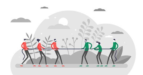 Tug of war illustration, transparent background.Pull rope challenge game flat tiny persons concept.Creative visualization for professional disagreement and self interest fight.
