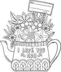 I love you Mom font with a tea pot and flower elements. Hand-drawn with inspiration word. Doodles art for Mother's day or Love Cards. Coloring for adults and kids. Vector Illustration
