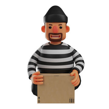 Thief Cartoon 3D Illustration With Sneaky Smile, Thief 3D Character Design Sitting In Front Of Box, Thief 3D Character Having Box