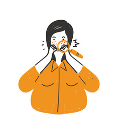 hand drawn doodle woman looking acne on skin face with magnifying glass illustration vector