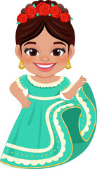 Cute girl in mexican folk outfit and  Mariachi Dancer for celebrating Cinco de Mayo festival cartoon PNG