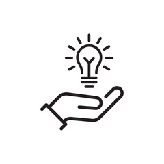 thin line hand holding lightbulb like expertise. linear trend modern simple lineart knowledge logotype stroke art design element isolated on white. concept of startup symbol or think outside the box
