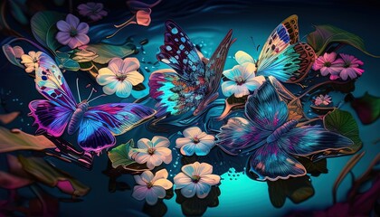 flower with butterfly on pond digital art illustration
