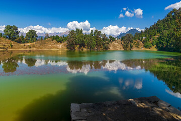 Devariyatal, Deoria Tal, Devaria or Deoriya, an emerald holy lake with miraculous reflections of Chaukhamba peaks on its crystal clear water. Chaukhamba peaks, Garhwal Himalayas, Uttarakahnd, India.