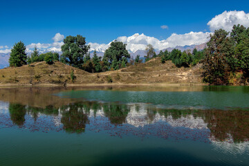 Holy Devariyatal, Deoria Tal, Devaria or Deoriya, an emerald lake with miraculous reflections of Chaukhamba peaks on its crystal clear water. Chaukhamba peaks, Garhwal Himalayas, Uttarakahnd, India.