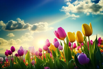 Colorful tulip flowers on a sunny day. Generative AI. - 577252537