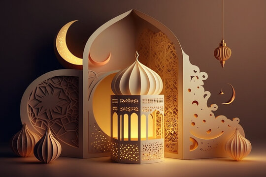 The 3D modern Ramadan background with a toy layout design of Islamic lantern, holy Quran, and the gold moon during the holy month. Ramadan Kareem or Eid Mubarak. Generative Ai