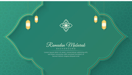 Islamic Arabic Green Luxury Ramadan Mubarak Background with Geometric pattern and Beautiful Lanterns