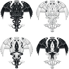 Vector design of praying angel with a halo, seraph with six wings surrounded with a ribbon, archangel with a halo and feathers, angel of the catholic religion