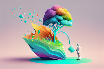 Businessman watering plant in the garden, colorful dynamic shape, spring season, Generative AI