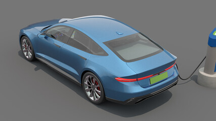 Blue Electric car with charger rapid charger 3D CGI solid BG futuristic Generic Electric Car realistic parked car green energy