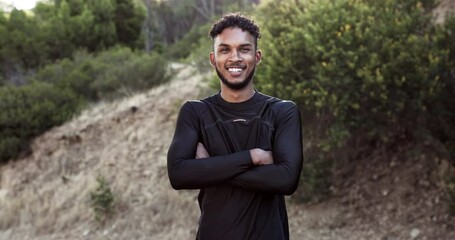 Fitness portrait, black man smile and drone in nature from hiking, running an workout outdoor. Sport training, happiness and wellness of a runner feeling proud of mountain sports experience by trees
