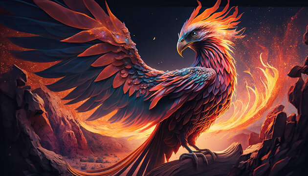 phoenix in flames with open wings in the mountains