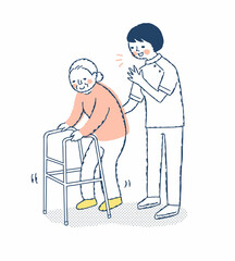 歩行器を使って歩くシニア女性と介助する女性