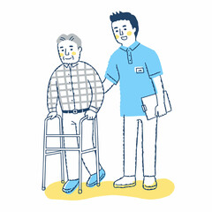 歩行器を使って歩くシニア男性と介助する男性