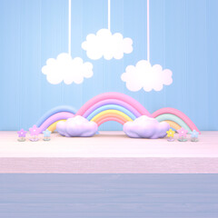 3d rendered hanging paper clouds, rainbows, and flowers on wooden table.