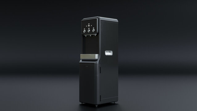 Front perspective view water dispenser on the black background premium photo 3d render