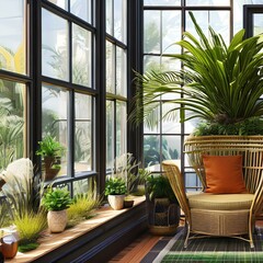 Fototapeta na wymiar a sunny sunroom with wicker furniture and a potted plants3, Generative AI