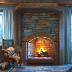 cozy nook with a fireplace and overstuffed armchair3, Generative AI