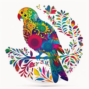 parrot on a branch white background, Generative AI